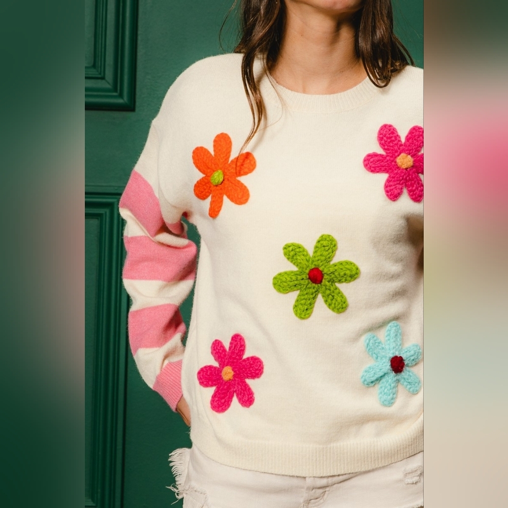 BiBi Colorful Floral Patched Sweater with Striped Sleeve - Picture 7 of 15
